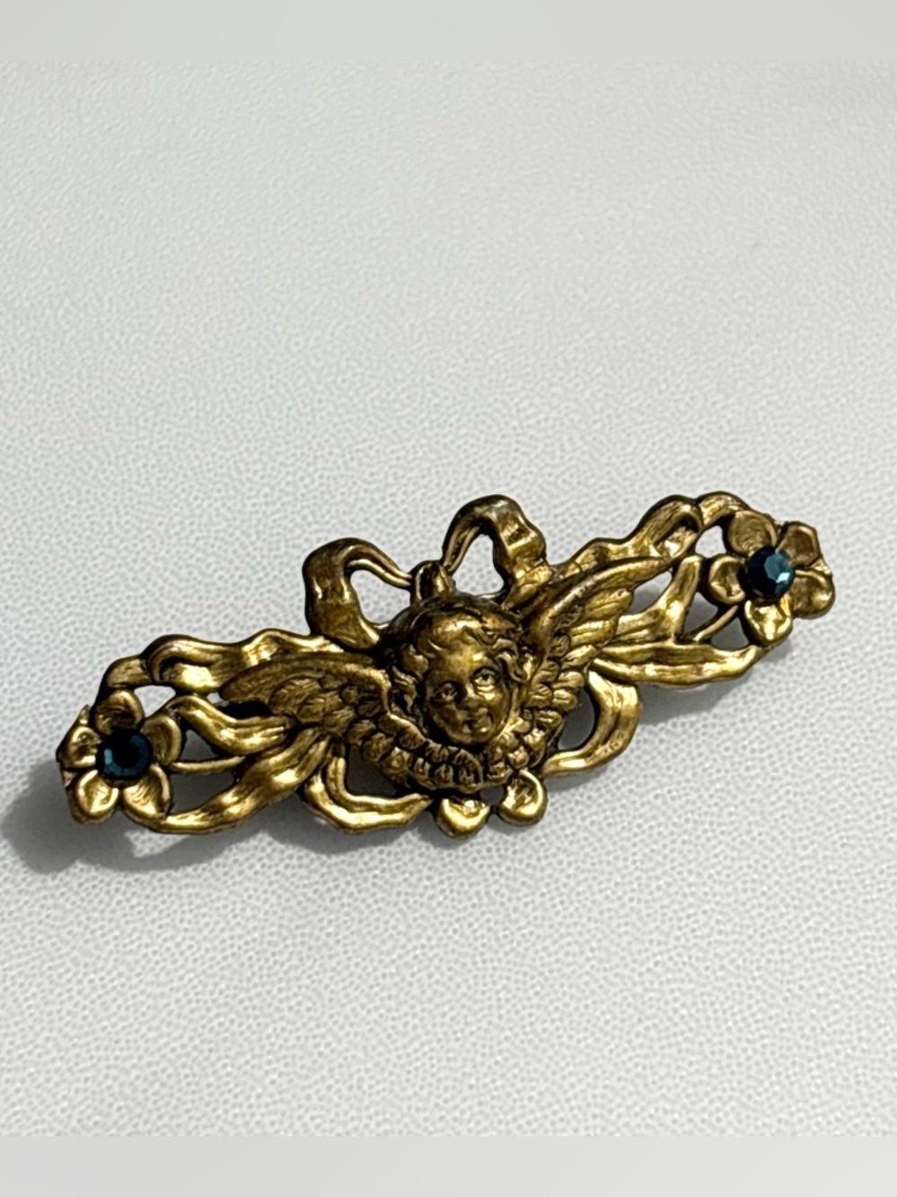 Vintage Antique Angelic Cherub Brooch With Green Enamel Accents